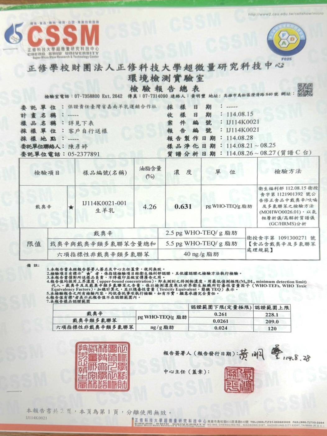 114 年度生羊乳戴奧辛檢驗報告